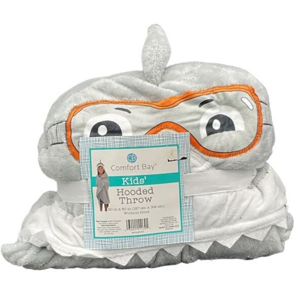 Kids Shark Themed Hooded Throw Blanket 50" X 60" Gray & White Soft Plush